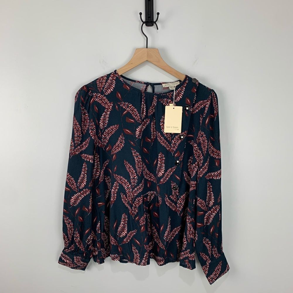 See U Soon Navy/Red Pattern Blouse S NWT